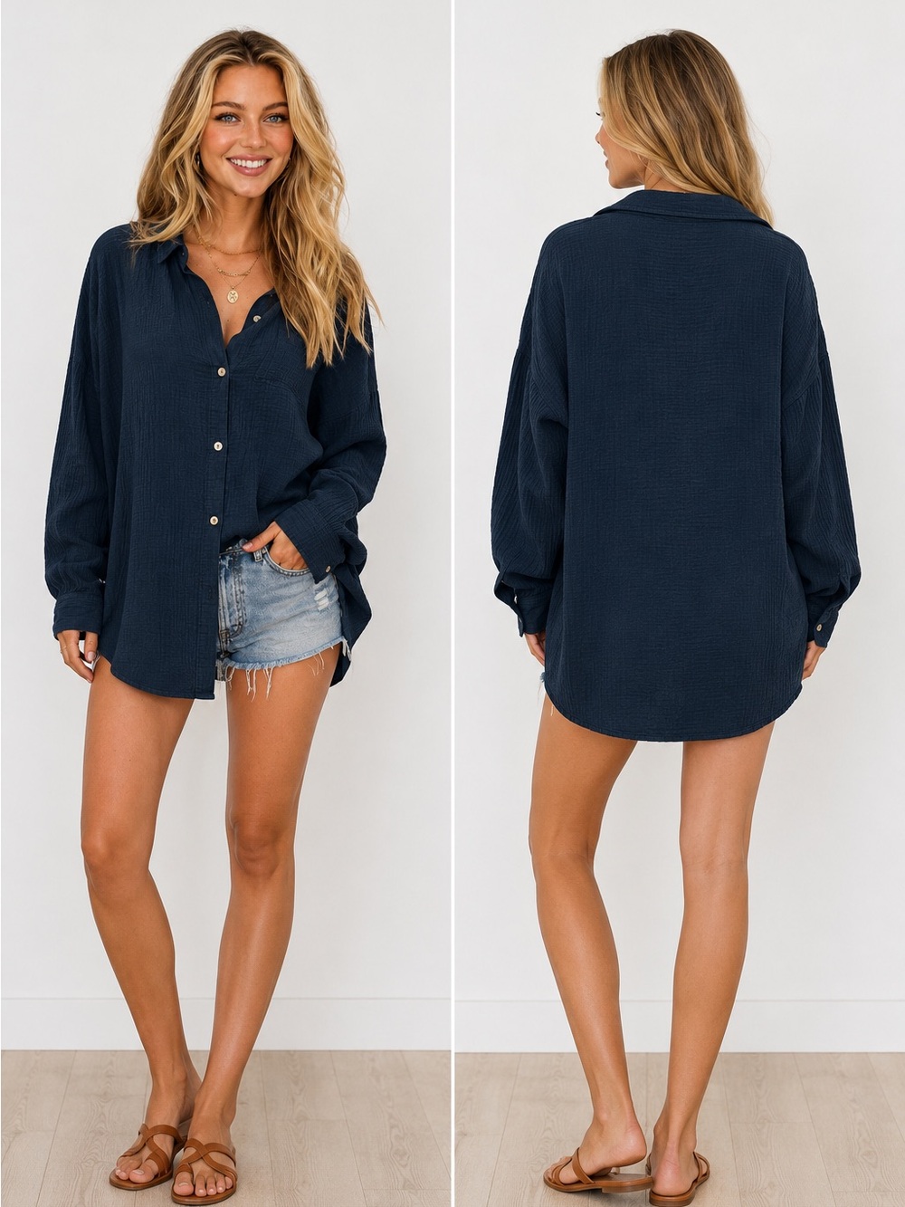 Navy Blue Oversized Cotton Gauze Button Down Shirt - Picture 2 of 2